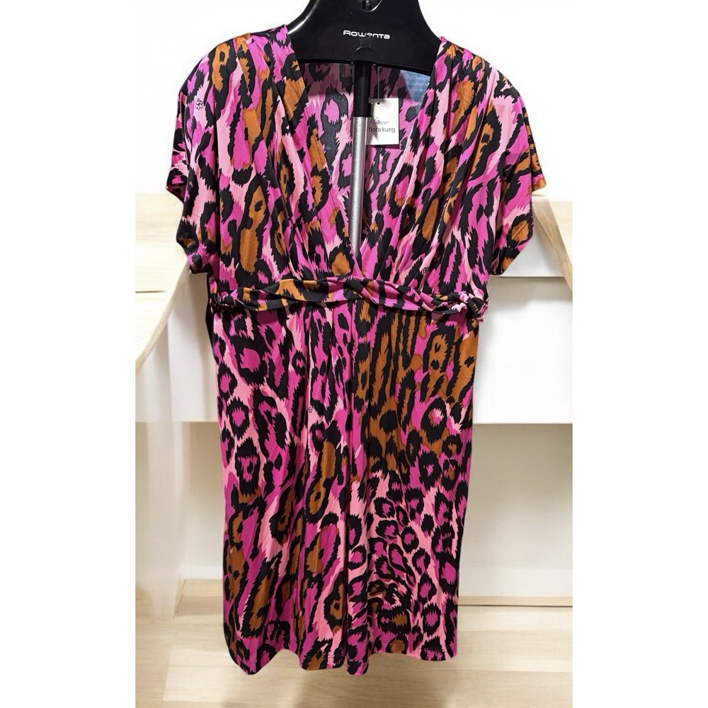 Flower by Flora Kung Pink Leopard Print Silk Blend MIDI Dress V-Neck  Sz Medium